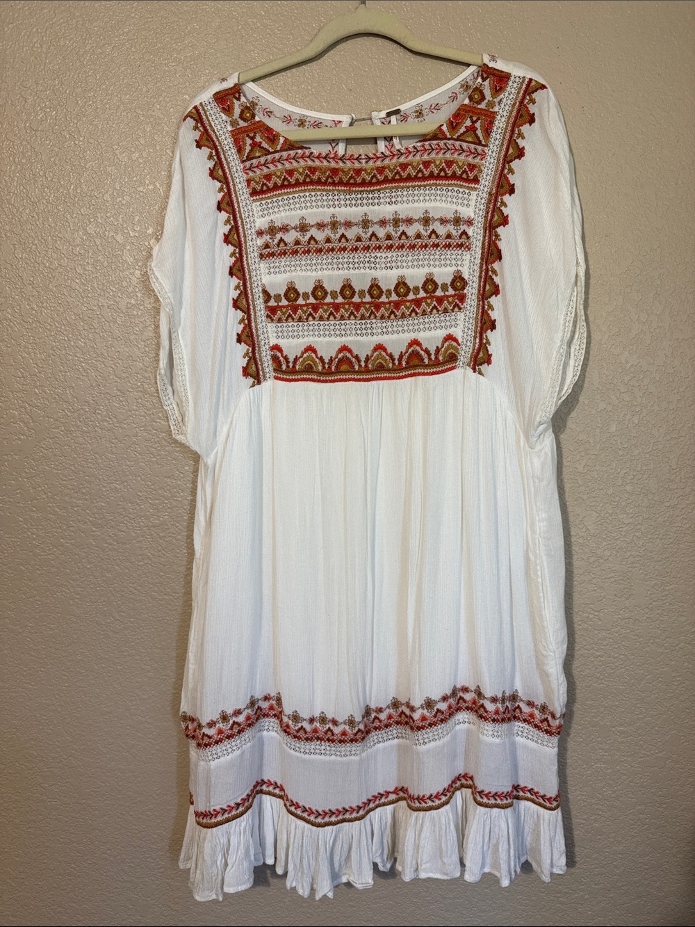 Free People White Midi Dress with Red and Gold Embroidery